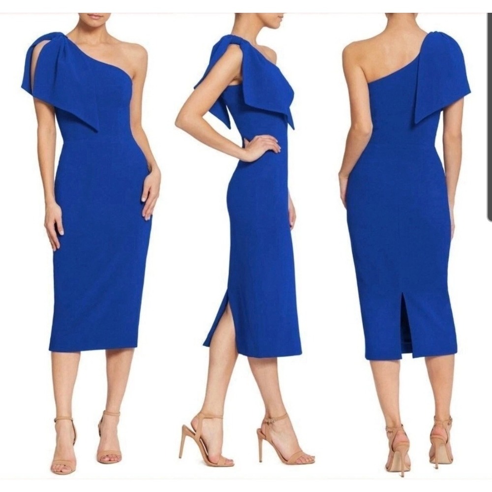 Dress The Population Tiffany Dress NWT‎ Womens M Blue One Shoulder Midi Cocktail